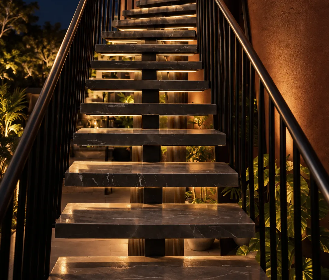 Floating marble staircase with black railings climbing past warm walls